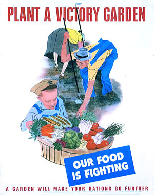 Plant A Victory Garden: Our food is fighting. Poster s white with red words
