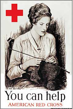 A white poster with a women knitting. Underneath it says You can Help the American Red Cross