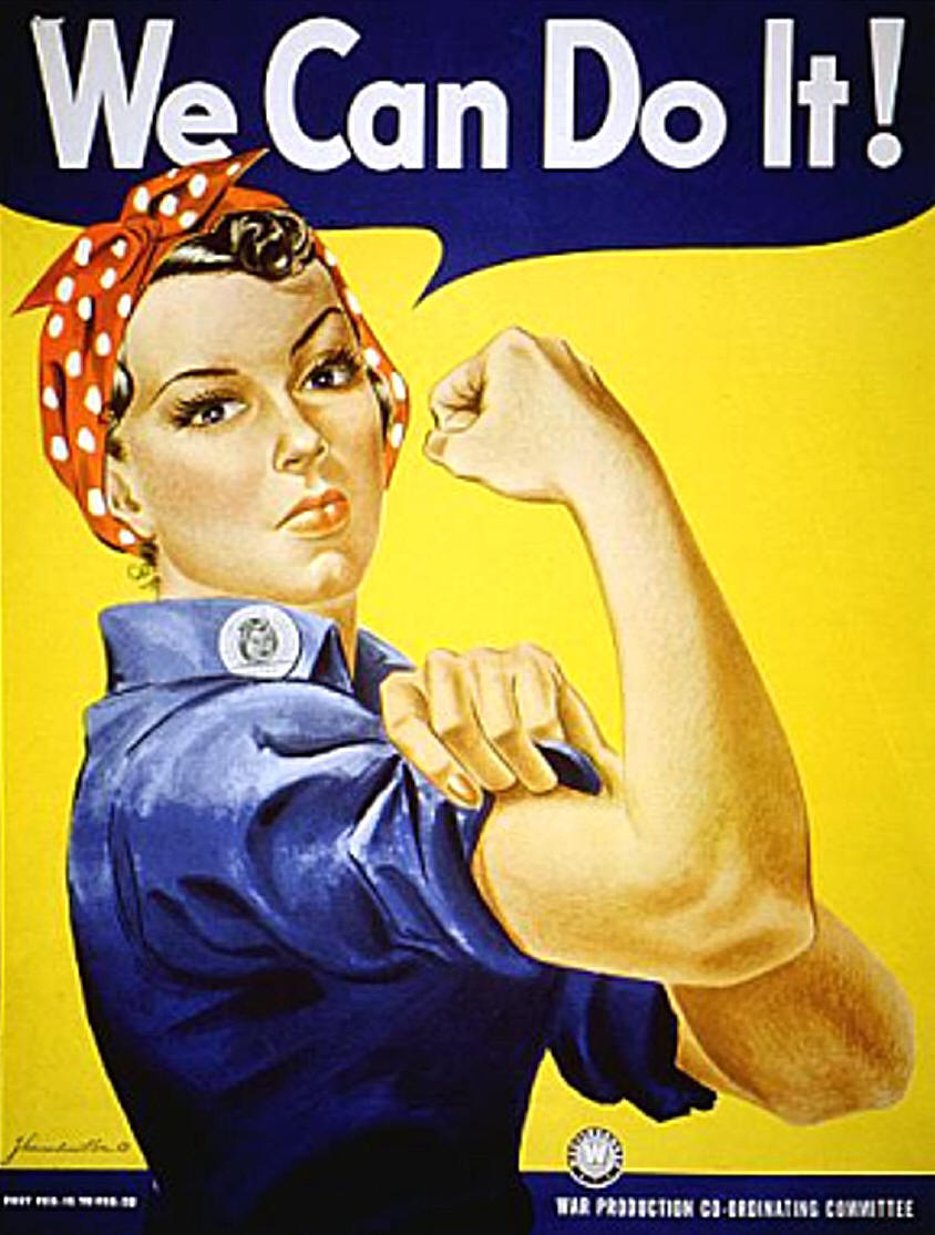 yellow background with rosie the riviter flexing muscles and wearing blue. It says we can do it. 